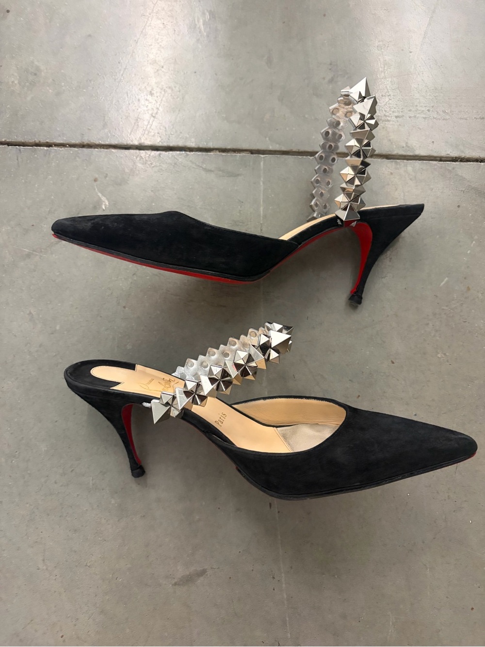 CHRISTIAN LOUBOUTIN BLACK SUEDE SILVER STUDDED ANKLE STRAP POINTED TOE HEELS - Picture 4 of 12